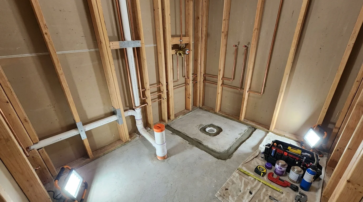 Bathroom rough-in plumbing during remodel by Johns Plumbing LLC in Paint Rock
