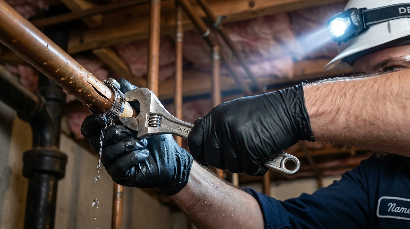 Emergency pipe clamp repair being performed by a Johns Plumbing LLC plumber in Paint Rock