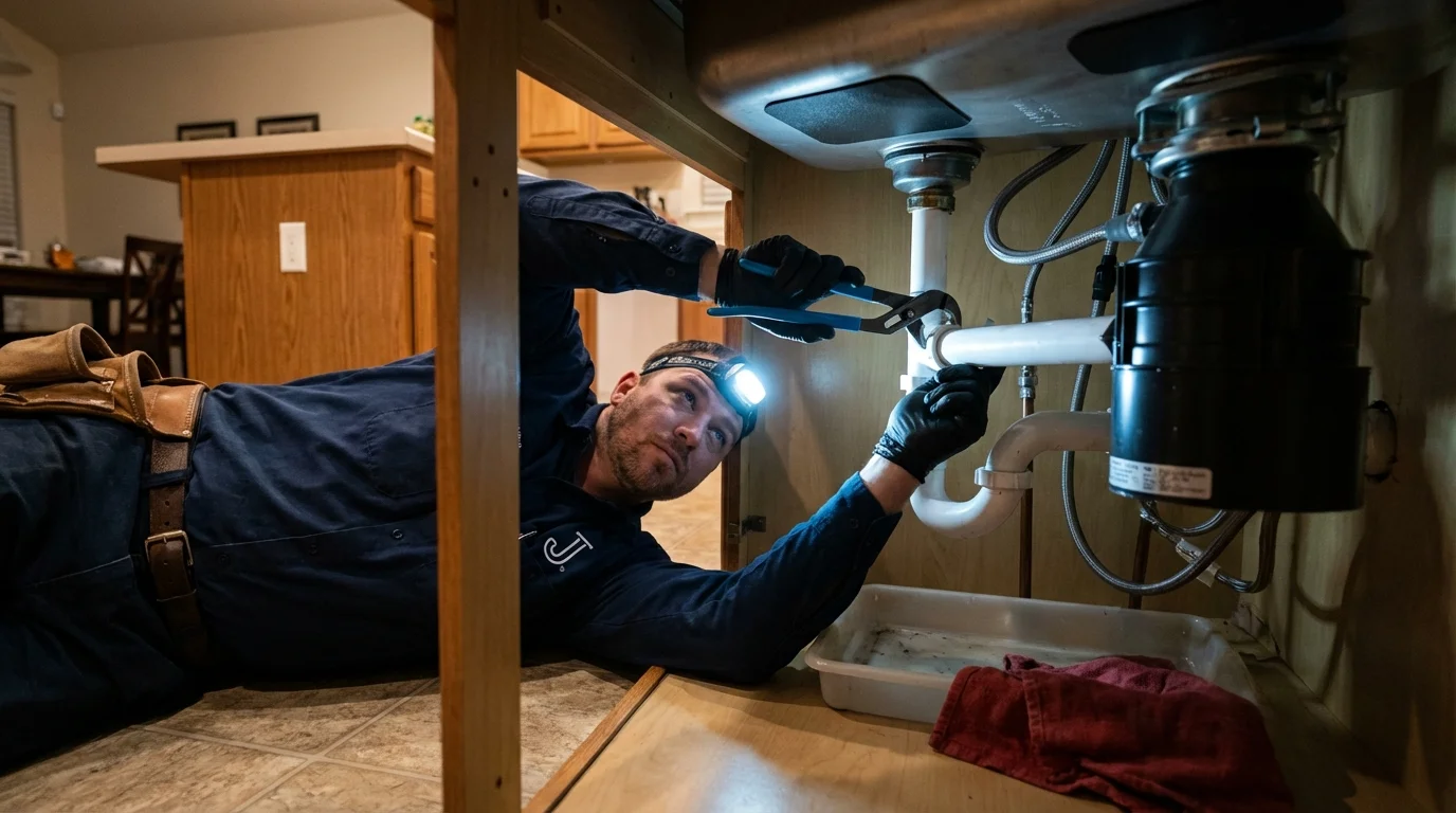 P-trap and supply line connections under a kitchen sink showing a common leak point in Paint Rock, TX